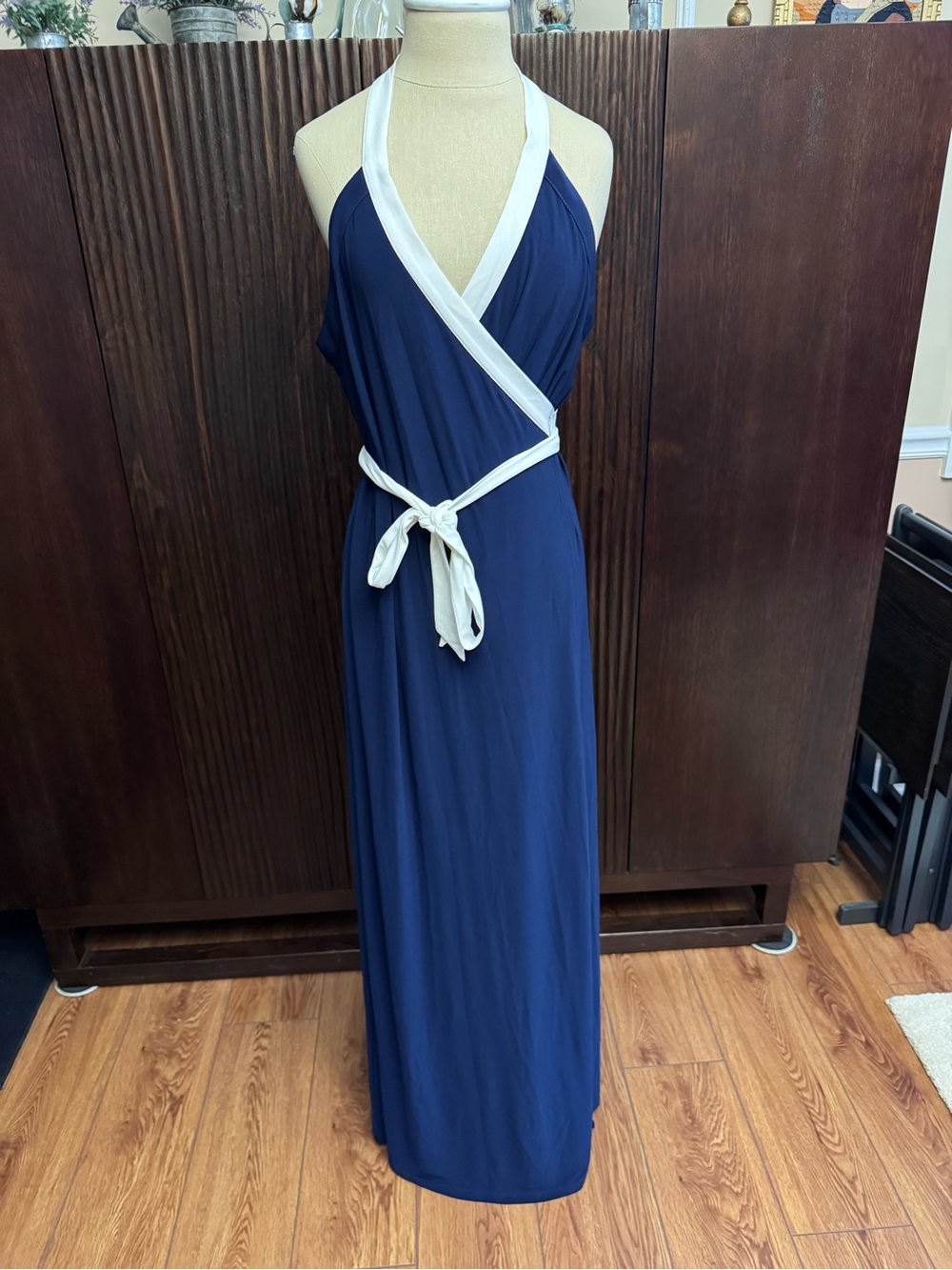 JB by Julie Brown Navy and White Halter Wrap Maxi Dress